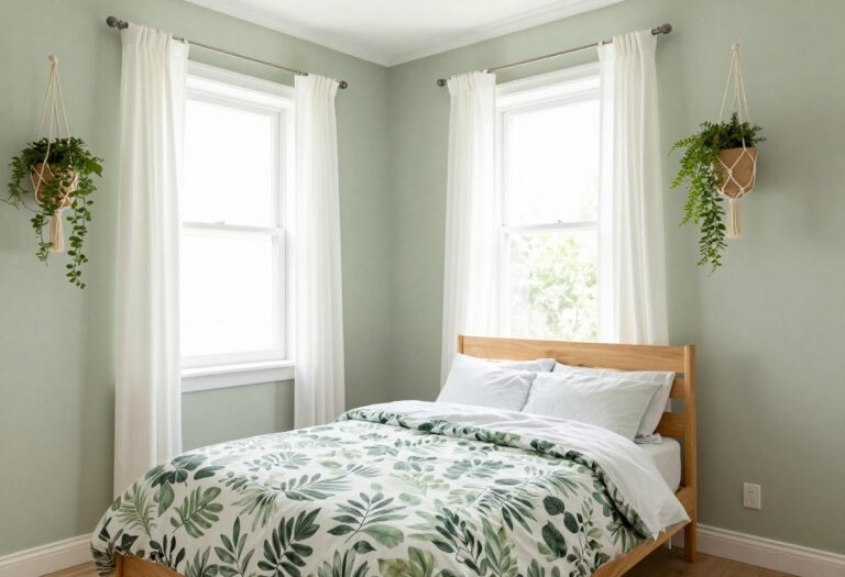 Girl's bedroom with sage green walls, white trim, botanical bedding, and hanging plants by a sunlit window.