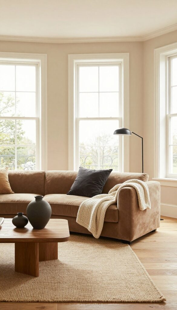 Soft beige living room with layered textures and natural light