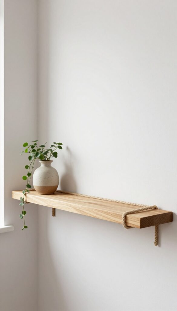 A floating rope shelf in a small bedroom with a plant and vase, natural light, coastal boho style.