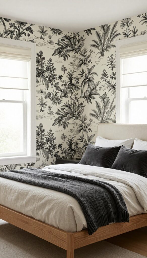 Modern bedroom with charcoal and cream toile de jouy wallpaper, simple oak bed frame, linen bedding, and natural light.