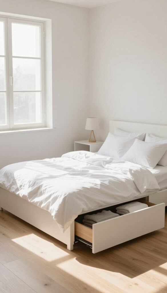 Small bedroom with a bed frame with built-in drawers, open and airy feel, natural light, minimal decor