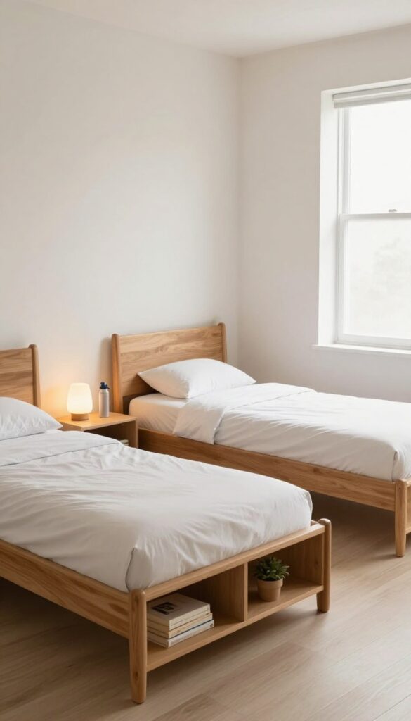 Two twin beds with storage headboards featuring shelves and cubbies, LED nightlights, organized books and essentials, bright natural light, clean boys' shared bedroom.