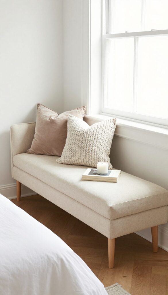 Small guest bedroom with a storage bench at the foot of the bed, featuring a lift-up top, soft oatmeal fabric, and decorative pillows.