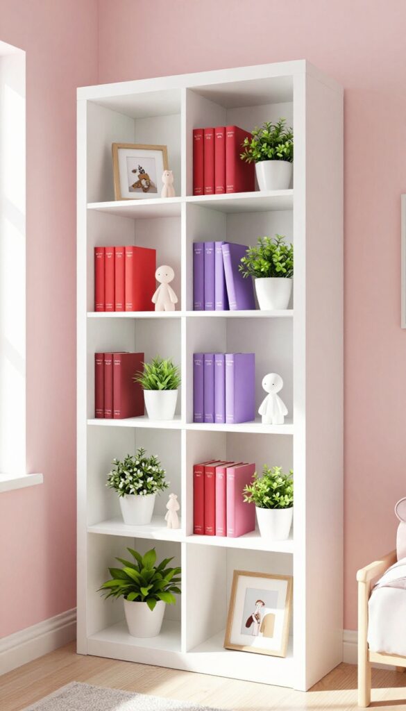 Color-coordinated bookshelves in a girl's bedroom with rainbow-ordered books and small plants.
