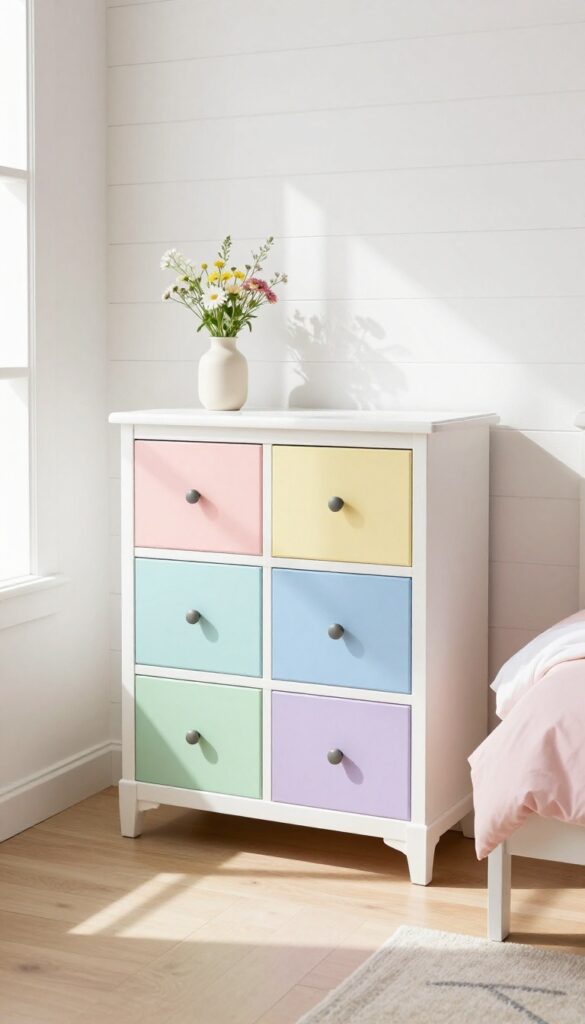 A white dresser with pastel rainbow drawers in a bright, airy girls' bedroom.