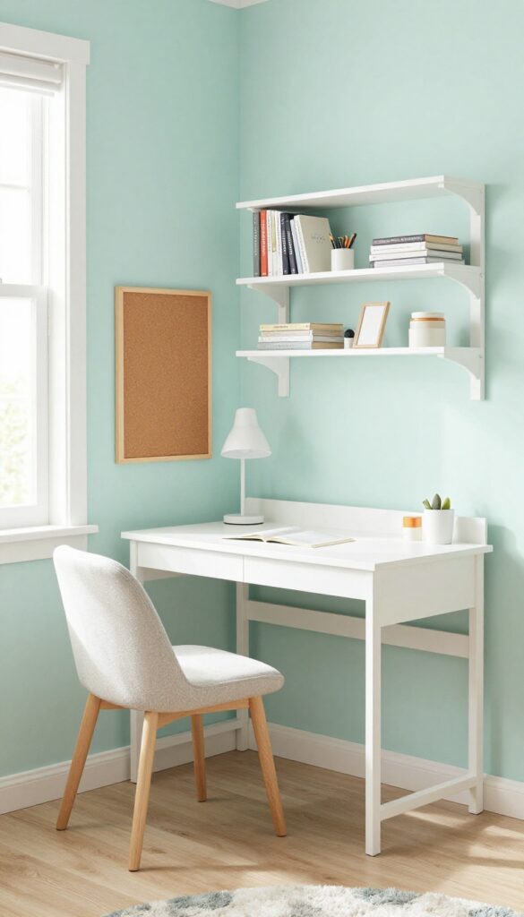 Closet desk conversion in a teen bedroom with pale mint interior, desk, lamp, corkboard, and chair.