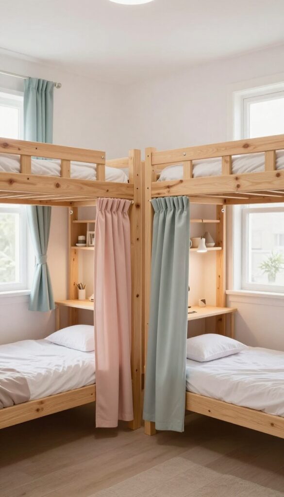 Two loft beds with study nooks underneath in a shared girls bedroom