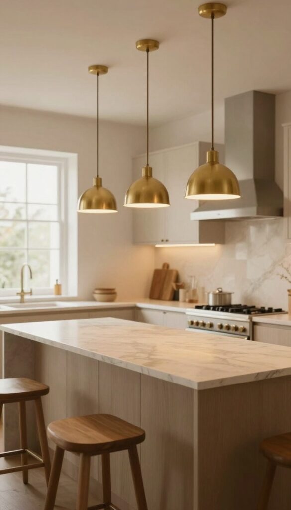 Large kitchen with warm layered lighting, pendants over island, under-cabinet lights, and chandelier, bright natural light, photorealistic interior design