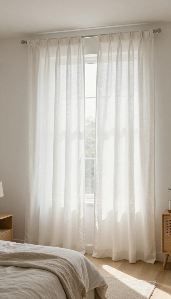 Small bedroom with curtains hung high and wide to make the room feel larger and airy.