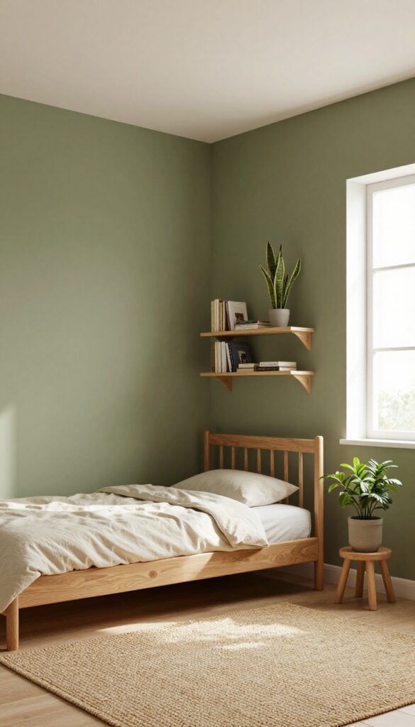 Boy's bedroom with olive green walls, white ceiling, wooden furniture, cream bedding, woven rug, and houseplants in natural light