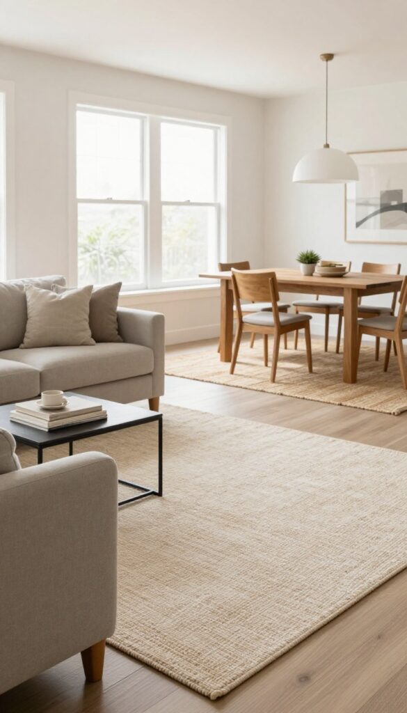 Open-concept living and dining room with two distinct rugs anchoring each area: a wool flatweave in the living space and a jute rug under the dining table, both in warm neutrals.
