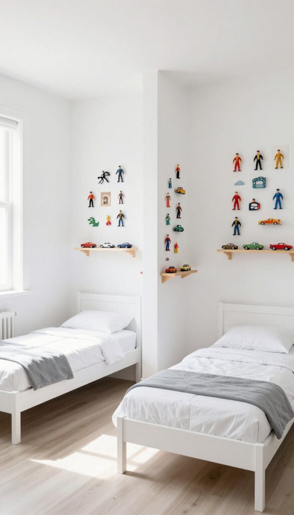 Two boys bedroom with magnetic wall strips displaying toys and artwork above beds, bright natural light, clean composition.