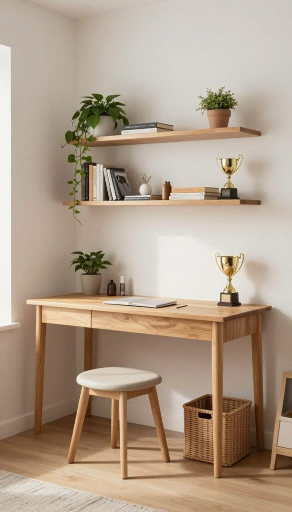Teenage boy's bedroom with wall-mounted desk and floating shelves, warm wood finish, small stool, woven bin, bright natural light, clean and airy.