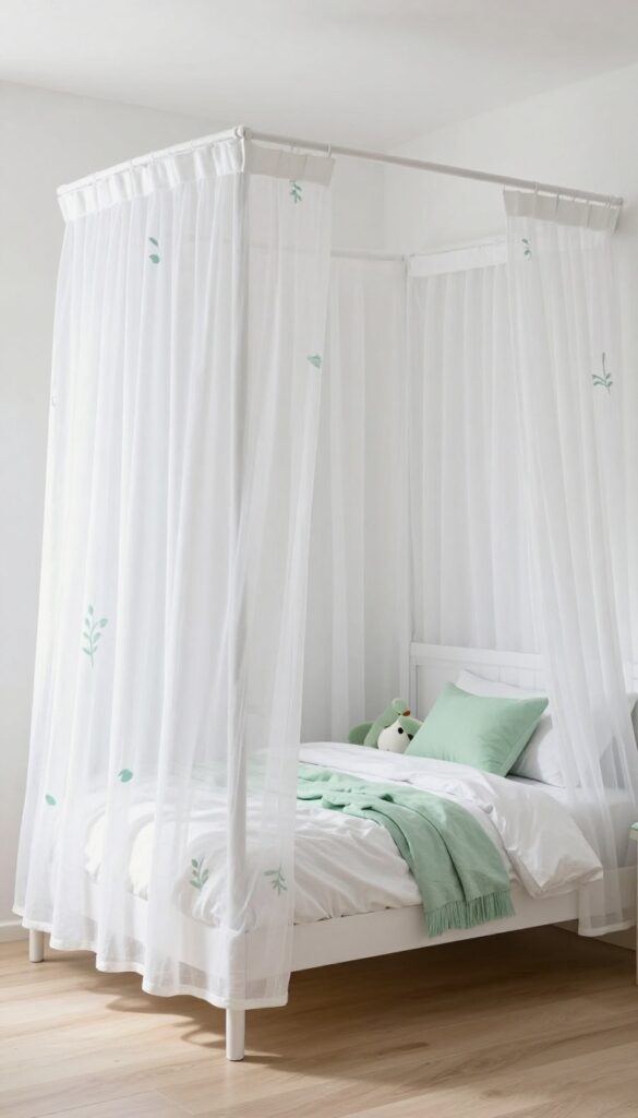 Cozy boys bedroom with a white canopy bed featuring subtle creeper patterned curtains and plush toys.