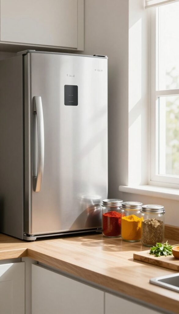 Magnetic spice jars on a refrigerator door in a bright, clean kitchen