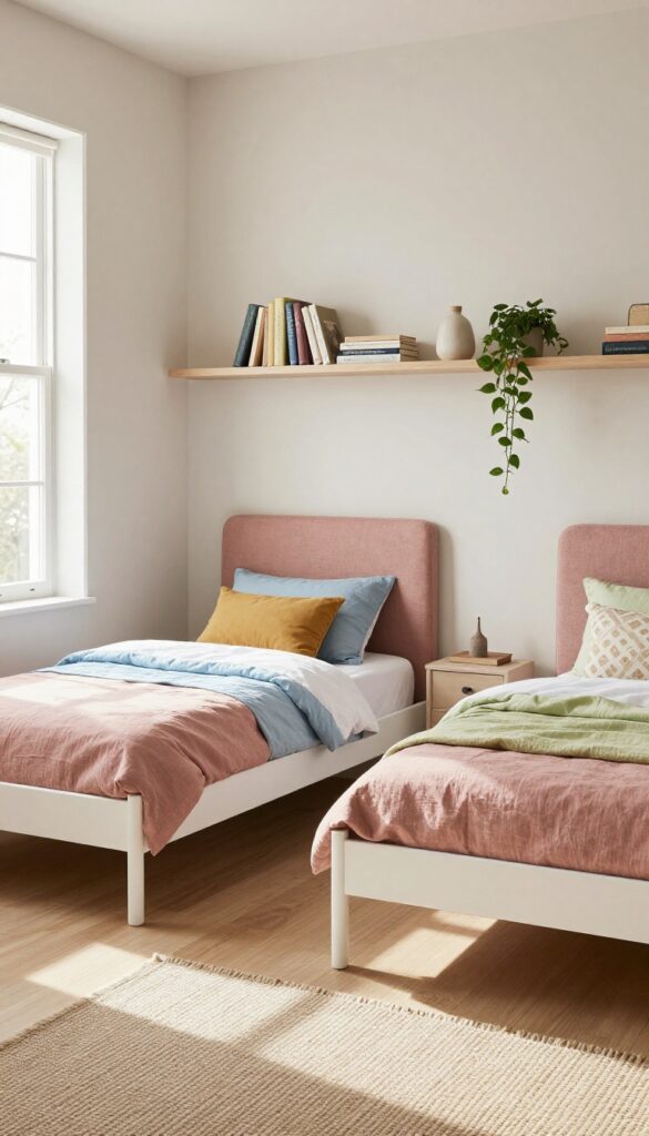 Two twin beds with a shared dusty rose upholstered headboard wall in a bright kids' bedroom, with coordinated but not identical bedding and a floating shelf above.