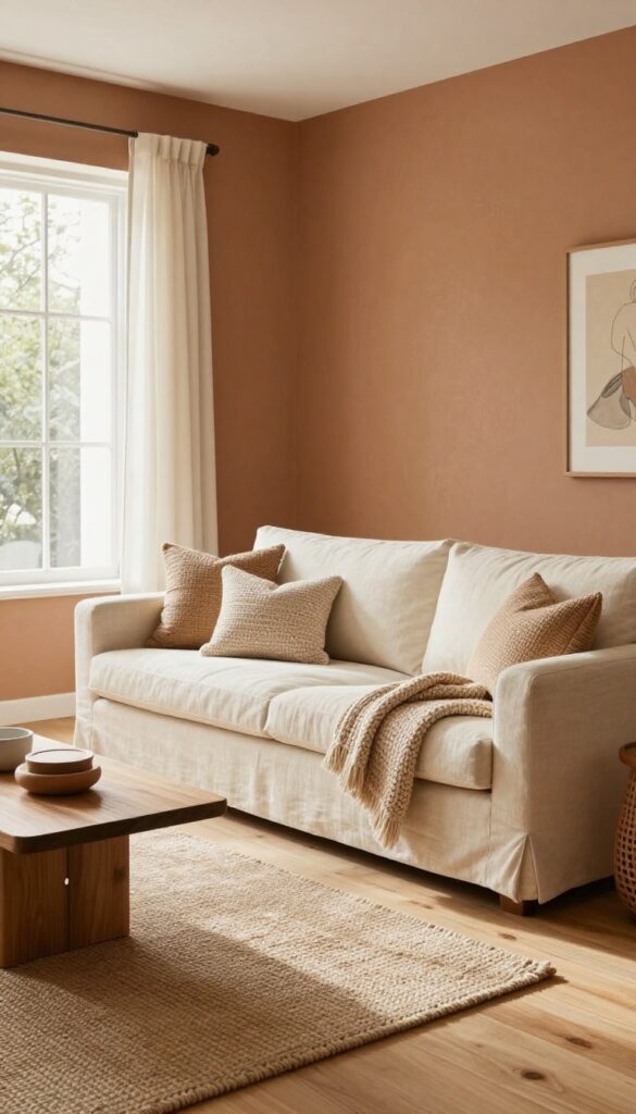 Living room with a warm earthy accent wall, cream sofa, jute rug, and natural decor in bright natural light.