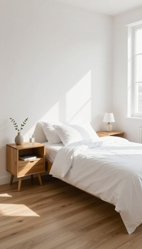 Small guest bedroom with floating nightstands, creating an open and clutter-free space with hotel-style comfort.