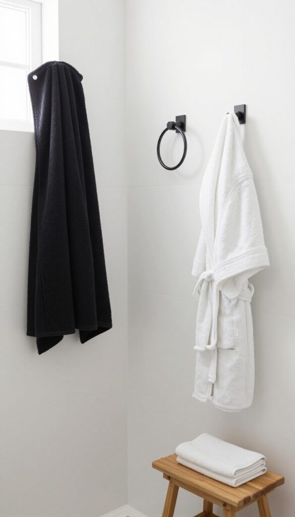 Guest bathroom with towel ring and hooks near shower, holding a hand towel, robe, and washcloth in bright natural light.