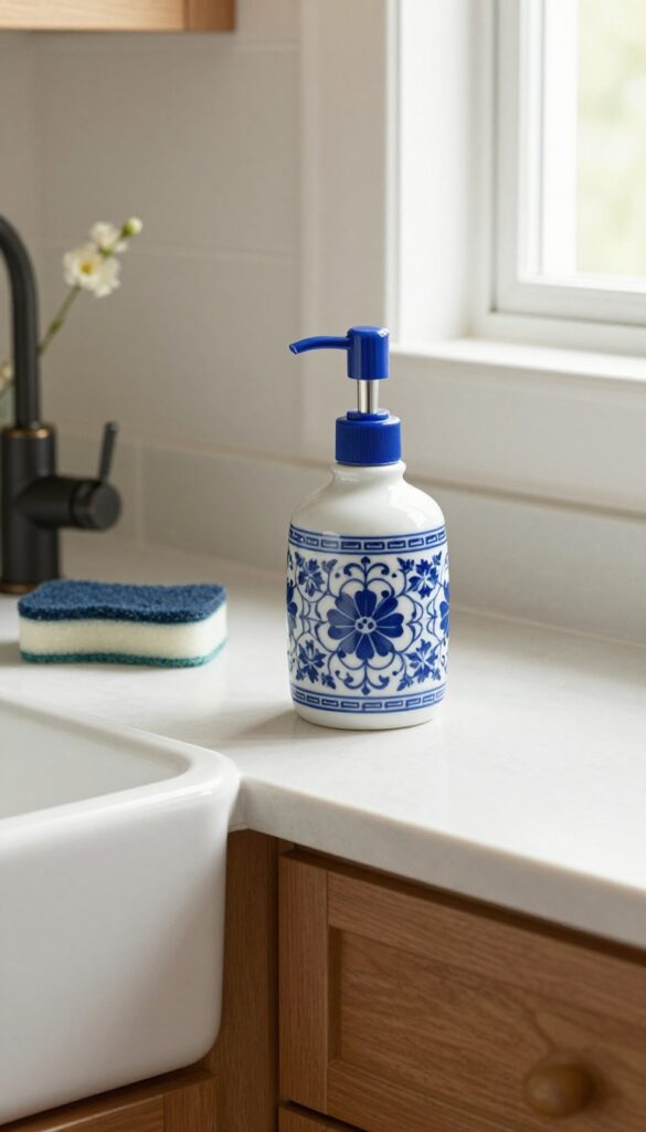 Blue and white porcelain soap dispenser on a kitchen counter with a farmhouse sink and warm wood cabinets.