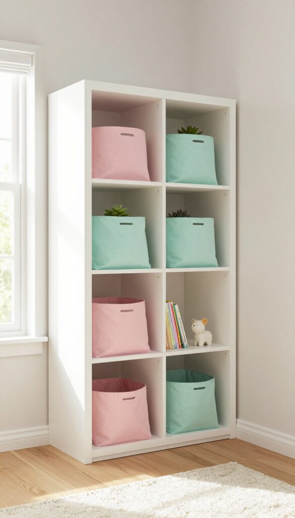 A wall-mounted cubby system in a bright girls bedroom with pastel bins and displayed treasures.