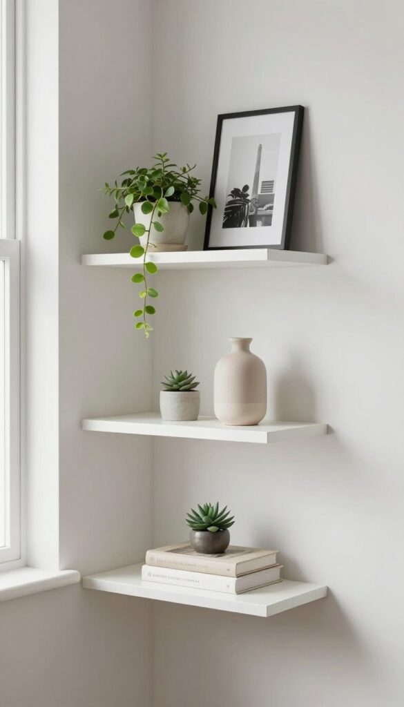 Corner shelves in a small bedroom with plants, framed photo, books, and vase, natural light.