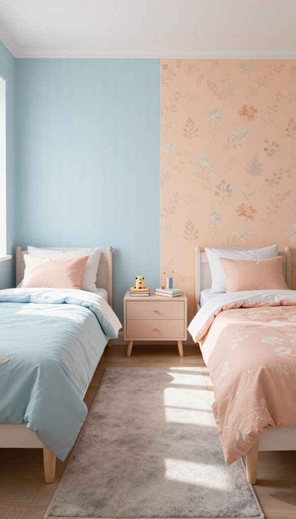 Color-coded zones in a shared kids bedroom with diagonal split paint and wallpaper