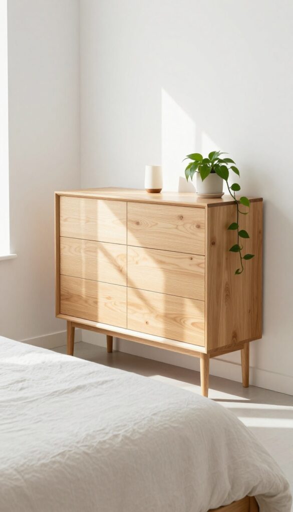 Small bedroom with slim tall dresser, lamp, and trailing plant, bright natural light