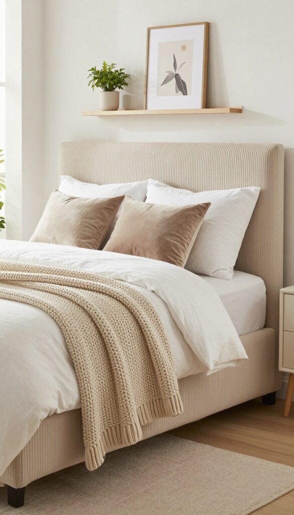Cozy small bedroom with low-profile headboard, layered bedding, and floating shelf