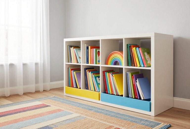 Colorful kids bedroom with rainbow bookshelf and under-bed storage drawers