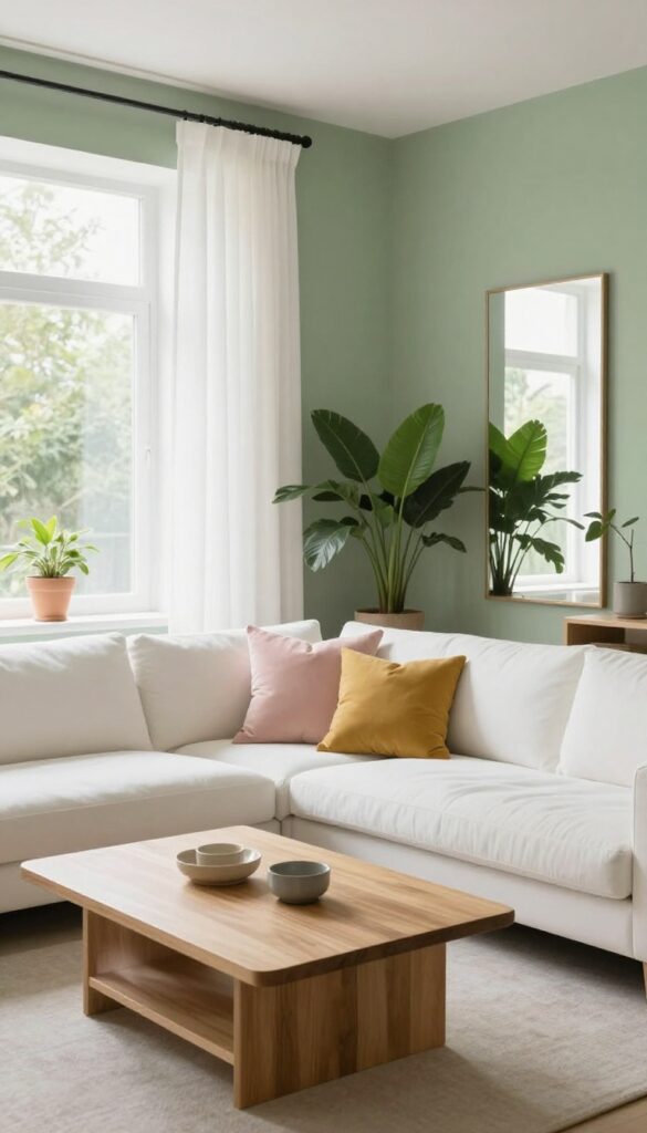 Living room with sage green walls, white sofa, light wood coffee table, sheer curtains, and mirror reflecting light.