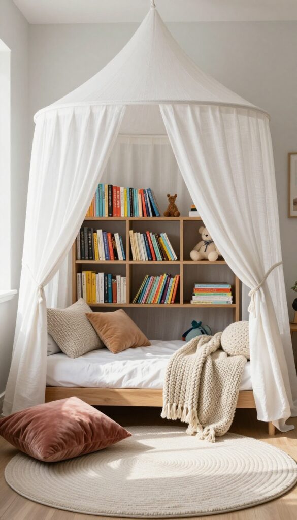 Cozy reading nook with canopy, floor cushions, and bookshelf in a kids' shared bedroom