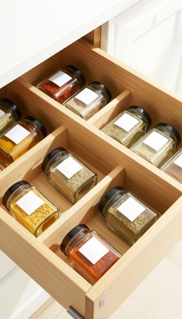 A neatly organized kitchen drawer with bamboo dividers and flat spice jars, all labels visible.