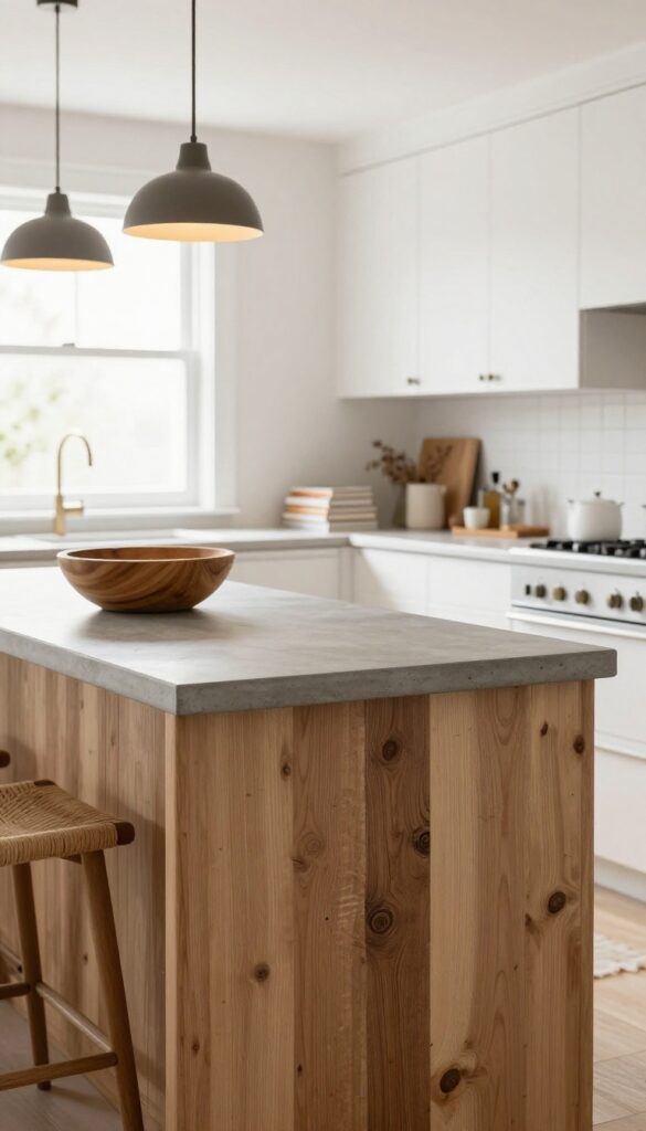 A mixed material kitchen island with concrete top and reclaimed wood base in a bright, airy kitchen.