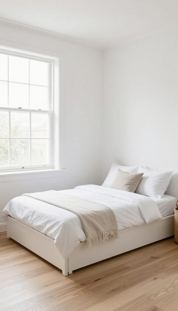 Trundle bed in a bright guest room with twin bed and decorative basket on top