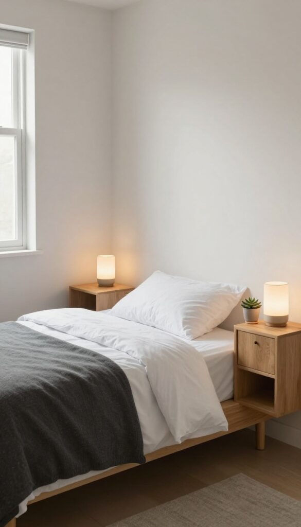 Teenage boy's bedroom with floating nightstands, warm wood, small lamp, succulent, clean and airy design.