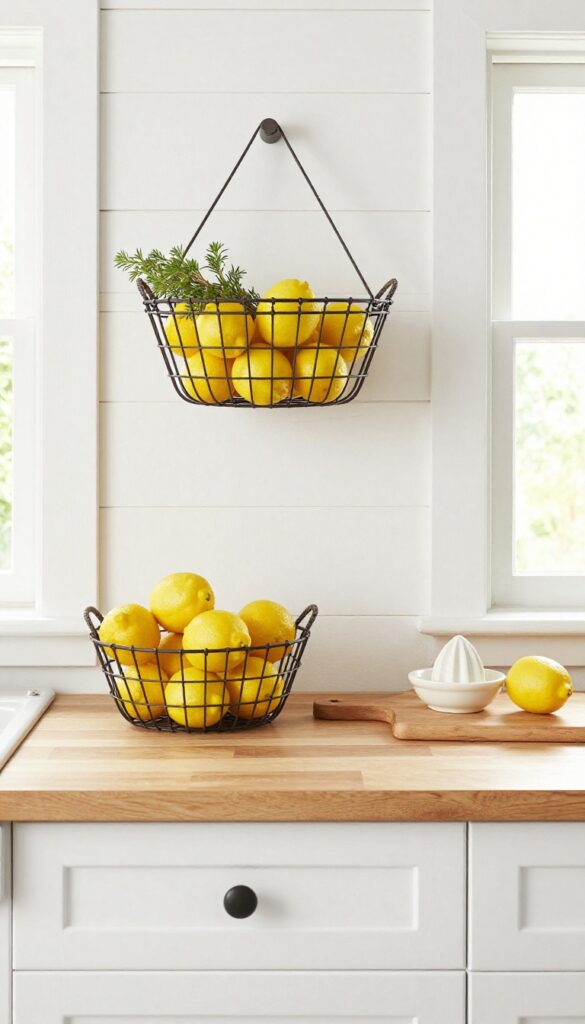 Wall-mounted wire basket filled with lemons in a bright kitchen