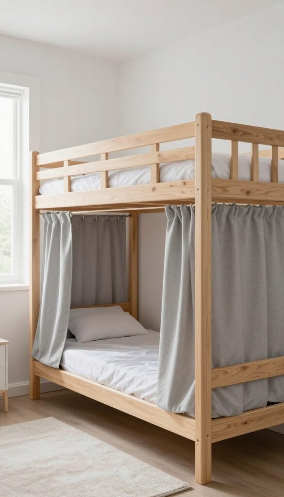 Bunk beds with built-in curtains for privacy in a shared kids bedroom