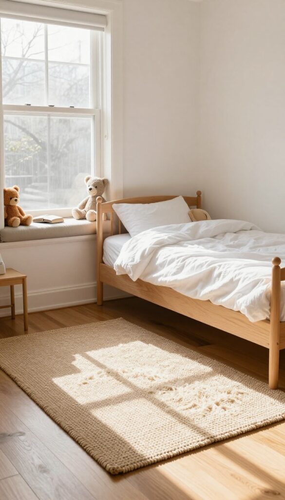 Layered rugs in a kids bedroom: natural jute base with plush wool top, creating texture and warmth.