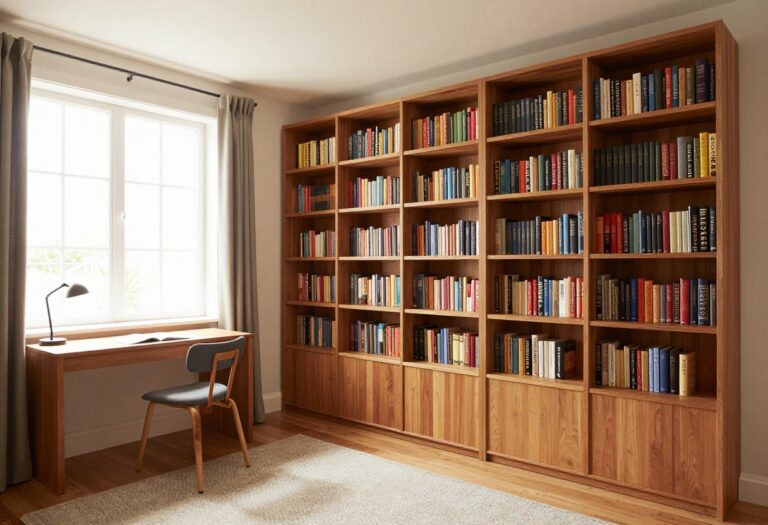 Cozy home office with a Murphy bed folded up, flanked by bookshelves and a small desk, warm wood tones and natural light.