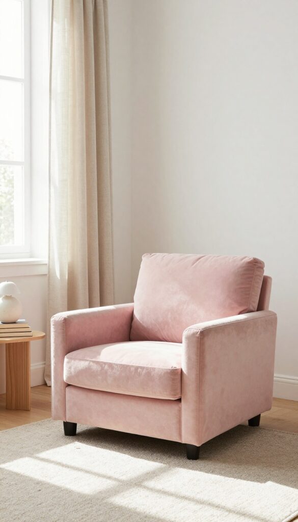 Cozy reading nook in a preteen girl's bedroom with a blush velvet armchair, side table, and lamp.
