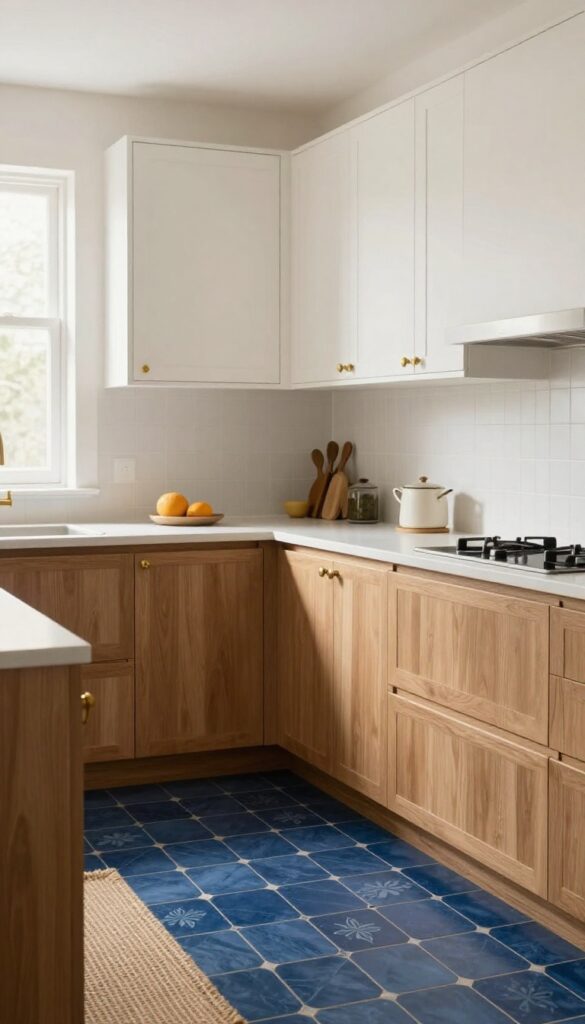 Kitchen with navy blue encaustic floor tiles, warm wood cabinets, brass hardware, and a jute runner.
