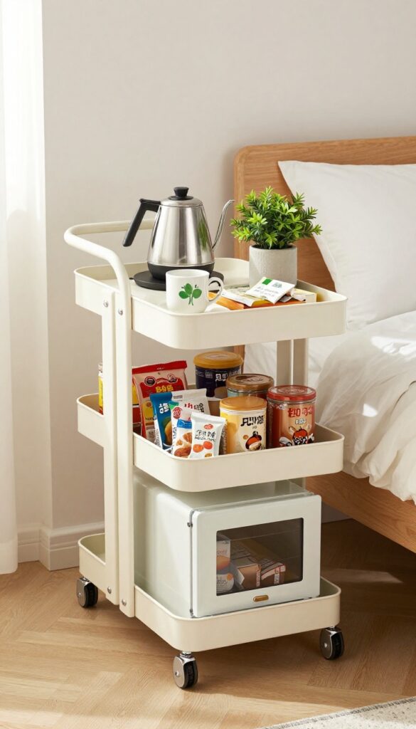 A narrow rolling cart in a tiny guest bedroom used as a mobile bar and snack station, with kettle, mugs, tea, coffee, snacks, and a mini fridge, styled with a tray, plant, and book.