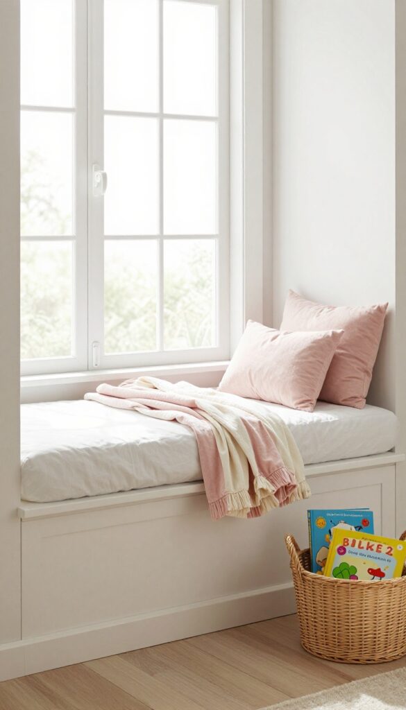 Cozy window seat with mattress topper in toddler girl's bedroom, soft pillows and basket of books, bright natural light.