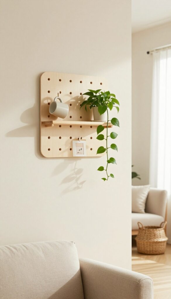 A living room with a beige pegboard on the wall displaying a plant, a mug, and a small art print, with soft natural light.