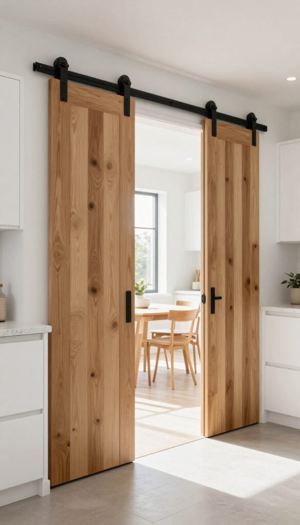 Modern kitchen with rustic sliding barn door covering a pass-through opening, warm wood against white cabinetry and quartz countertops, natural light, clean composition.