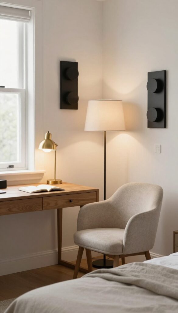 Cozy guest bedroom office with layered lighting including desk lamp, floor lamp, and wall sconces