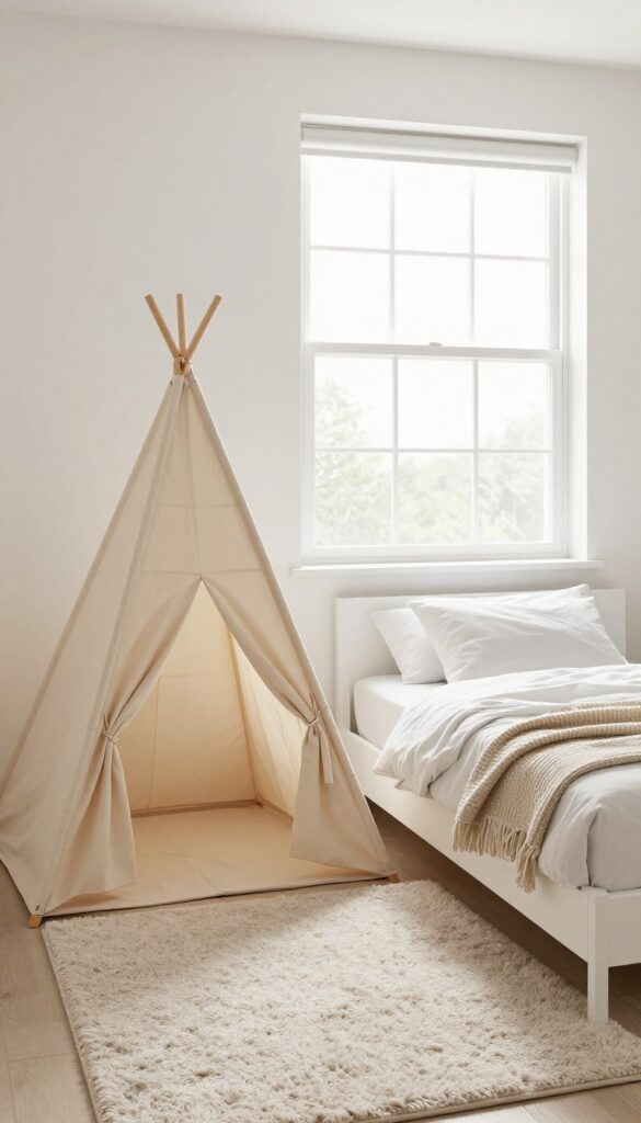 Small bedroom with corner play tent and low bed, bright natural light, cozy and playful kids room