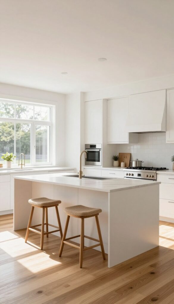 Large soft rug underfoot in a bright, cozy kitchen with island and natural light