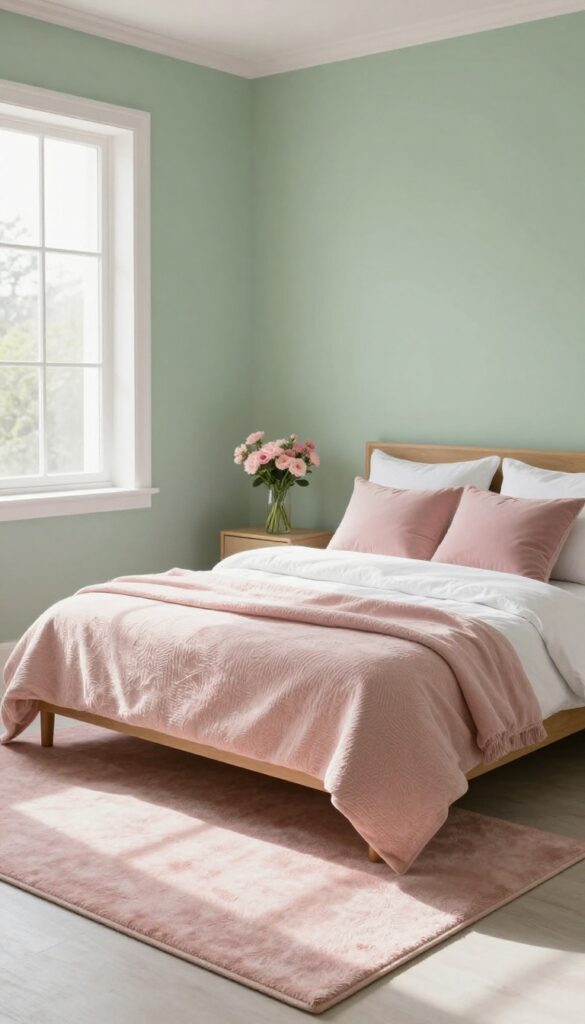 Sage green bedroom with blush pink accents, including pillows, rug, and flowers, in natural light.